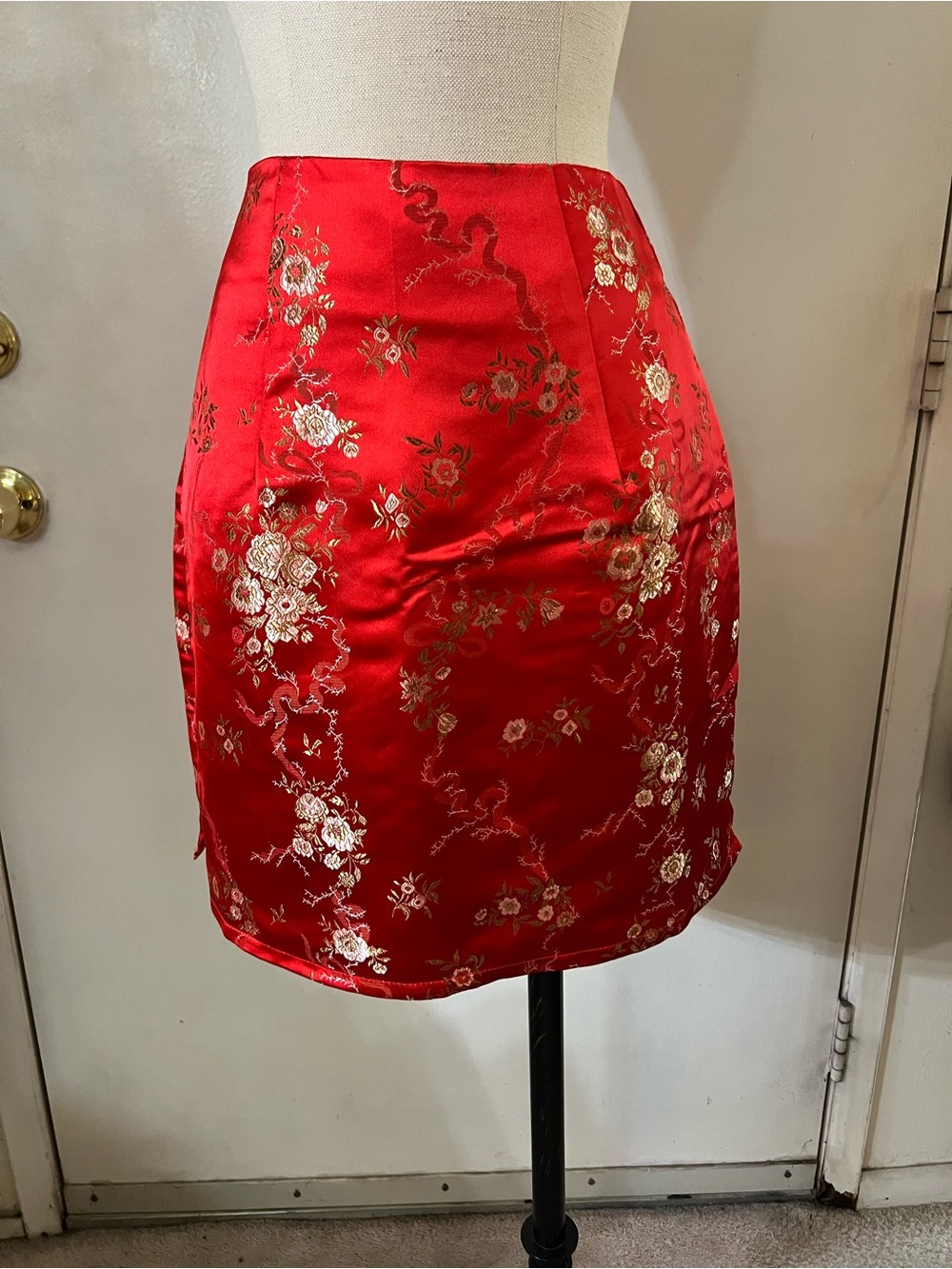 I.AM.GIA Red Satin Mini Skirt with Gold Floral Embroidery